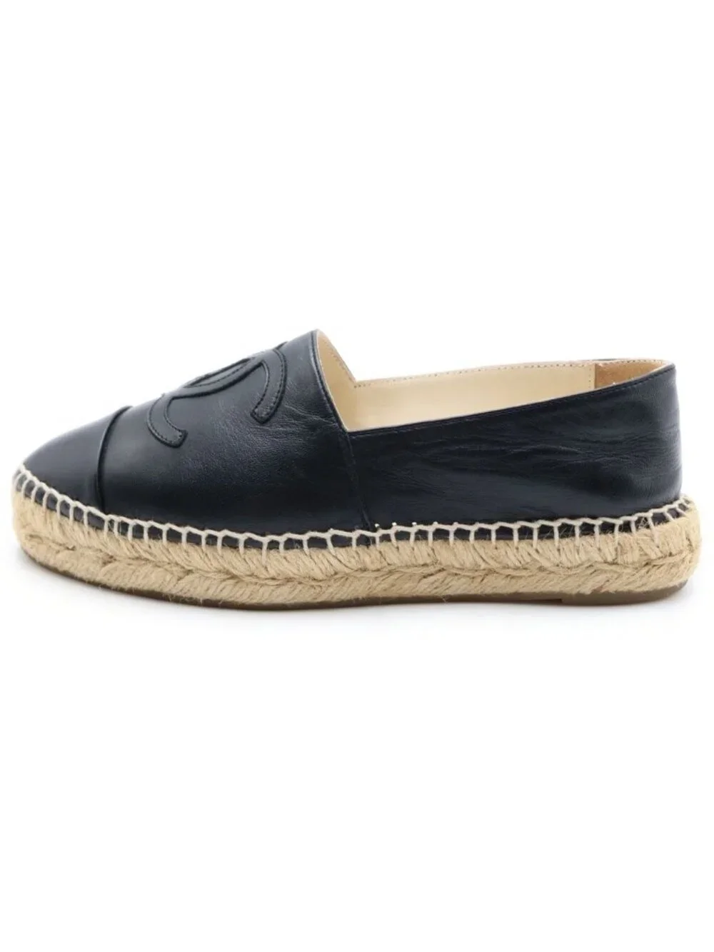 Chanel CC Logo Espadrilles Flat Shoes Slip on Lambskin Leather Black